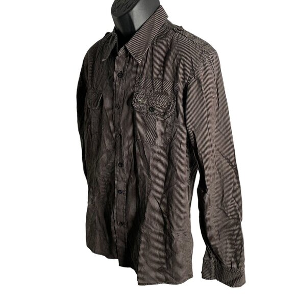 Eighty Eight Button Up Long Sleeve Shirt L Black Tan Striped Pockets Collar Zip - Picture 3 of 6